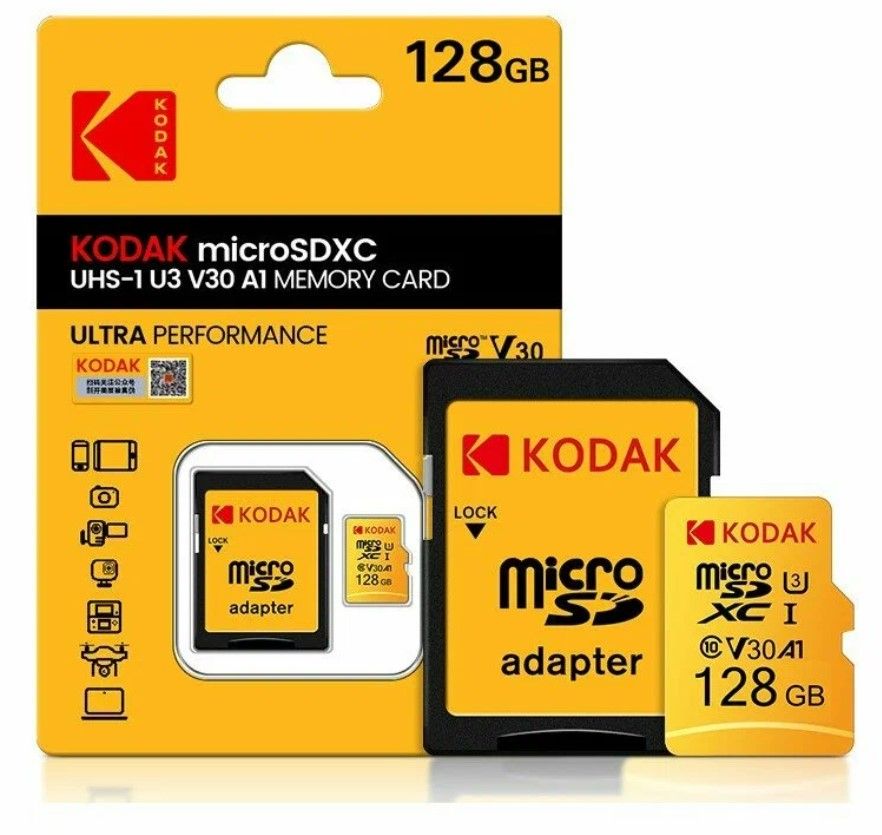 Карта памяти Kodak Micro SD класс 10 UHS-1 U3 V30 A1 на 128 ГБ, + переходник SD