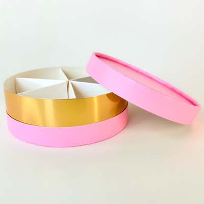 Коробка круглая для ассорти сладостей с лож. (розовая/золото), 120*45мм