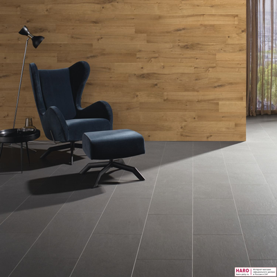 Стеновые панели Haro Дуб River Ретро браш 535626 в интерьере гостиной