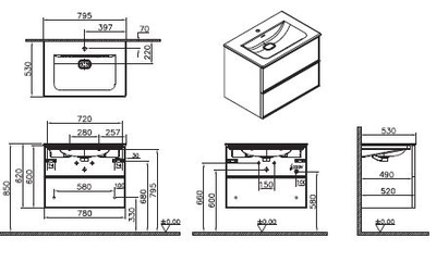 Шкаф Vitra Metropole Edge c 2 ящиками,  подсветкой в верхнем ящике, 80 см с, цвет ореховое дерево, 67155