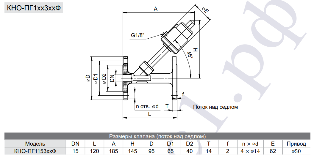 Габаритные и присоединительные размеры клапана отсечного КНО-ПГ115304-Ф