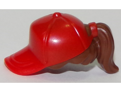 Minifigure, Hair Combo, Hair with Hat, Ponytail with Molded Red Ball Cap Pattern, Reddish Brown (35660pb01 / 6223059)