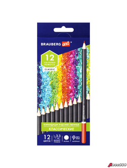 Карандаши художественные цветные BRAUBERG ART CLASSIC, 12 цветов, МЯГКИЙ грифель 3,3 мм. 181536