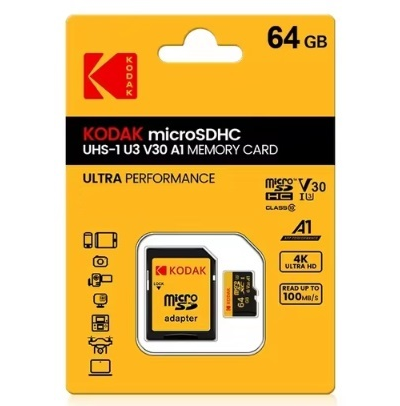 Карта памяти Kodak Micro SD, класс 10, UHS-1 U3 V30 A1 на 64 ГБ, чтение 90 МБ/с, запись данных 30 МБ/с, + переходник SD
