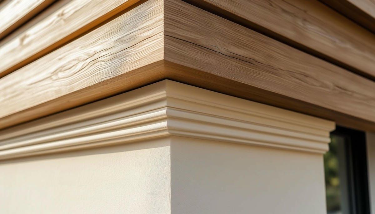 Крупный план стыка материалов: дизайн фасада с идеальным примыканием дерева к полиуретановому декору