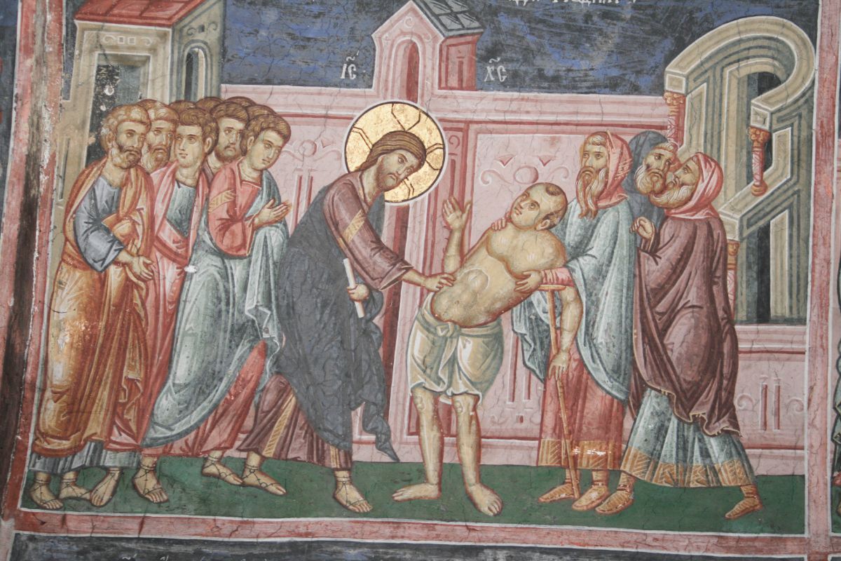 исцеление страждущих. исцеление больного водянкой икона. исцеление расслабленного. икона пресвятой богородицы избавление от бед страждущих. исцеление прокаженных фреска монастыря высокие дечаны.