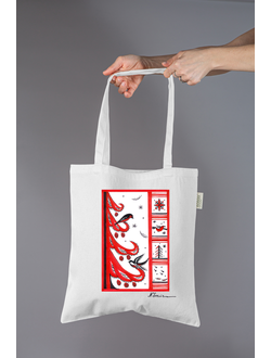 Шоппер из коллекции "Сказка" из натуральной ткани с принтом, мезенская роспись