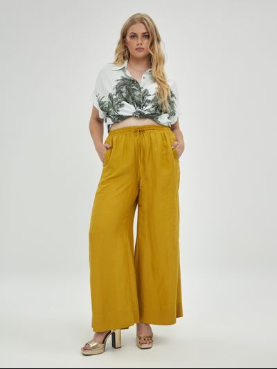Летние брюки широкие на кулисе из вискозы со льном (горчич)