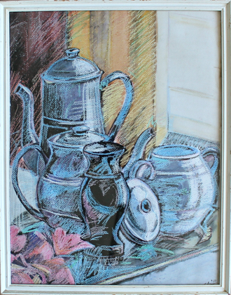 "Натюрморт с посудой и цветами" бумага акварель, пастель 1999 год