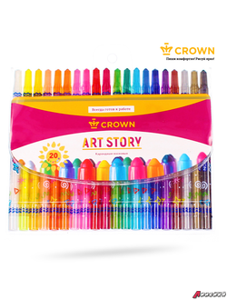 Карандаши восковые Crown "ArtStory", 20цв., выкручивающийся стержень, ПВХ, европодвес. TP-2000