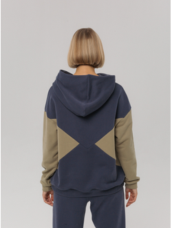 Худи  колорблок хлопковый велюр (черничный)