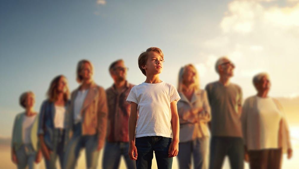 Подросток уверенно смотрит вперед, за ним теплые тени взрослых, поддерживающих его.