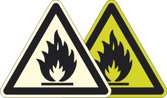 Фотолюминесцентный знак W01 «Пожароопасно. Легковоспламеняющиеся вещества»