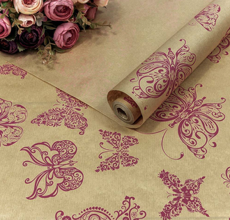 Бумага крафт упаковочная для подарков\цветов (принт &quot;Мотыльки&quot; крафт/розовый), 70см*10м