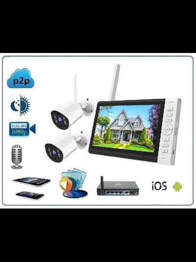Комплект системы беспроводного видеонаблюдения, монитор 7" с NVR и 2 уличные видеокамеры с аудиоканалом, Full HD (Xmeye PRO)