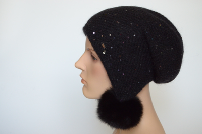 Черная женская шапка ушанка с помпонами вязаная Vizio 6463