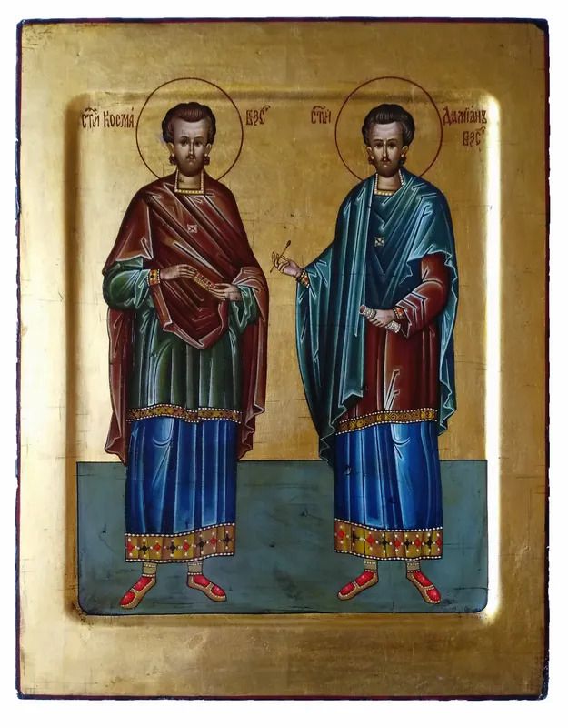 Косьма и Дамиан, Святые мученики, бессеребренники. Рукописная икона "под старину"