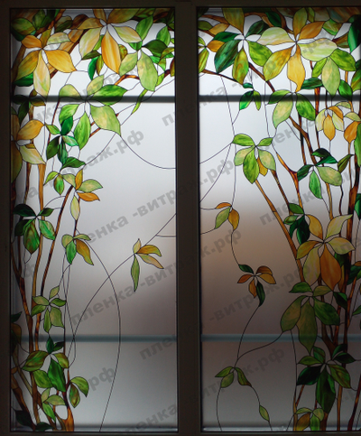 Витражная пленка, витражная пленка самоклеющаяся под заказ,пленочный витраж с листьями
