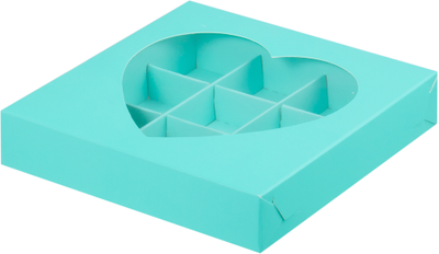 Коробка для 9 конфет с окном "Сердце" (бирюза), 160*160*30мм