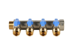 Коллектор распределительный STOUT с шаровыми кранами 3/4", 4 отвода 1/2" (синие ручки) (Арт. SMB 620