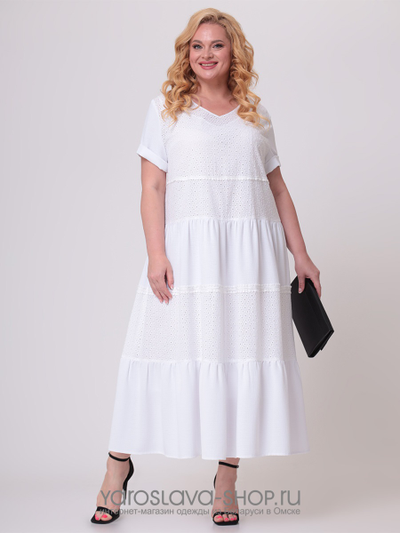 Платье А-силуэта с воланами из двух видов хлопковой ткани белого цвета