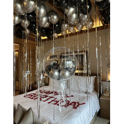 Шары под потолок с дождиком,  черный с серебром и Bubbles (50 шт)