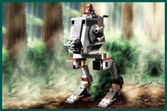 Модель LEGO # 7127 “Imperial AT–ST” на фоне леса.
