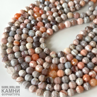 "Розовый агат Ботсвана" агат бежево-розовый с серыми и оранжевыми оттенками, фонарик 6,6-7,2 мм, цена за нить 19 см