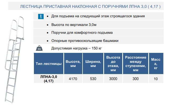 Лестница приставная наклонная с поручнями ЛПНА-3,0 (4,17)