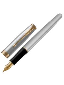 Ручка перьевая PARKER "Sonnet Core Stainless Steel GT", корпус серебристый, позолоченные детали, черная, 1931504