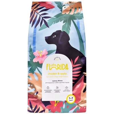 Florida сухой корм для взрослых собак крупных пород с курицей и яблоком 12+2 кг