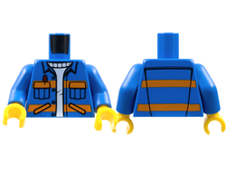 Torso City Jacket with Diagonal Lower Pockets & Pen over Creased Sweater, Orange Stripes Pattern, Printing on Back / Blue Arms / Yellow Hands, Blue (973pb3100c01 6219626)