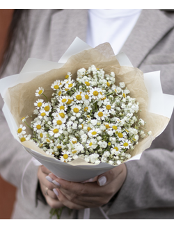 Букет из гипсофилы и ромашек