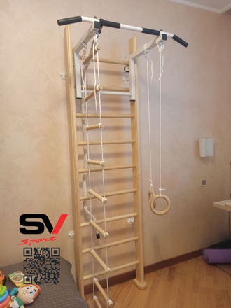 Деревянная шведская стенка с регулируемым по высоте турником, брусьями и скамьей для пресса.  (натуральный)