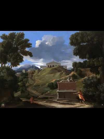 Картина обогреватель, репродукция Никола Пуссен Пейзаж с древним саркофагом и двумя фигурами