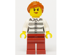 Police - Jail Prisoner 50382 Prison Stripes, Female, Dark Red Legs, Scowl with Peach Lips, Orange Ponytail, n/a (cty1275)