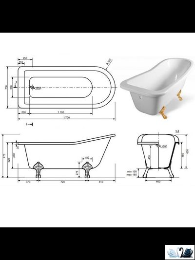 Ванна Эстет Царская 170 x 73 см отдельностоящая каменная