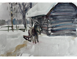 "Зимний пейзаж" бумага акварель Пономарёв А.М. 1958 год