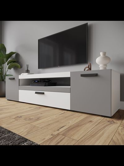 ТВМ-8 Тумба под ТВ Белый с тиснением «Древесные поры»/Графит Серый