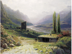 Картина обогреватель, репродукция Льва Лагорио Кавказское ущелье