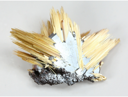 Редкость! Рутил свободного роста, сростки "звезды" золотистых игольчатых кристаллов на кристаллах гематита, Бразилия (28*20*8 мм, 2,5 г) №37917