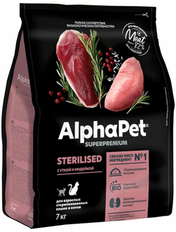 AlphaPet (АльфаПет) Superpremium сухой корм для взрослых стерилизованных кошек с уткой и индейкой, 7 кг