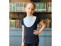 Блуза для девочки на кокетке к/рук. 122-170 (синий/белый)