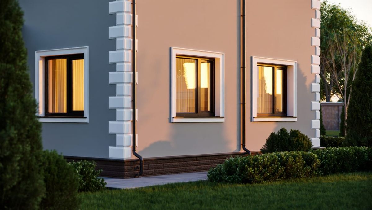 Экономичный дизайн фасада частного коттеджа с использованием лаконичных полиуретановых молдингов.