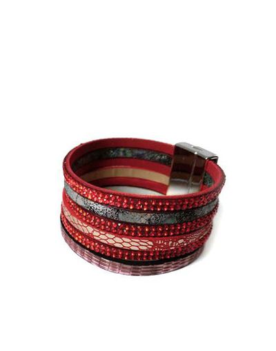 (АРТИКУЛ: 6521/61) БРАСЛЕТ ЖЕНСКИЙ, КОЖА, МЕЛКИЕ СТРАЗЫ, В КРАСНЫХ ТОНАХ, НА МАГНИТЕ