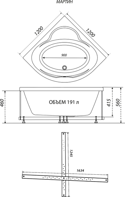 Акриловая ванна 1ACReal Мартин 120x120 размеры
