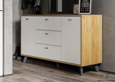 Милан Комод 3 ящика двухстворчатый Дуб Золотой/Белый матовый