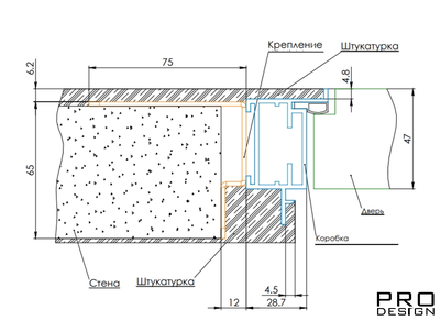 Алюминиевый короб для скрытых дверей Nevidimka Reverse  (под штукатурку открыванием от себя) RAL 9005