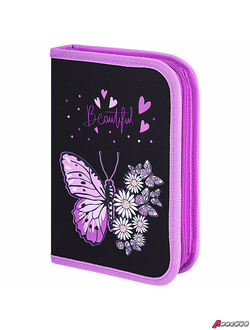Пенал BRAUBERG с наполнением, 1 отделение, 1 откидная планка, 24 предмета, 21×14 см, «Flower butterfly». 271524