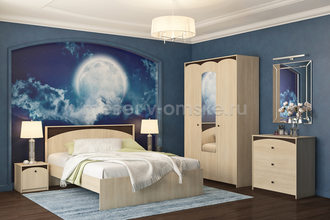 Кровать "Ева" в комплекте с другими модулями коллекции. Интерьер с синими фотообоями.